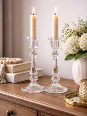 Clear Glass Taper Candle Holders - Pair